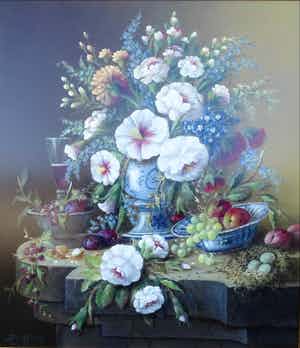 Thomas Heesakkers - Mooi groot pronkstilleven bloemen en fruit. verkocht voor € 695!