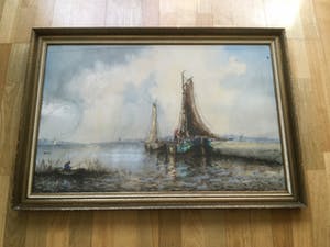 Willem Bos - Poldergezicht met boten - aquarel, houtskool en krijt kopen? Bied vanaf 1!