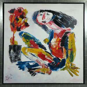 Martin van Wordragen - Olieverf op doek, Vrouw met papieren bloem - Ingelijst (Groot) verkocht voor € 250!