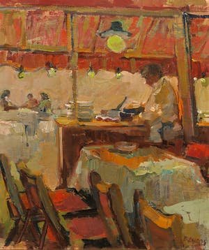 Hans Bayens - Olieverf, Zonder titel (Restaurant tafereel) - Ingelijst kopen? Bied vanaf 1500!