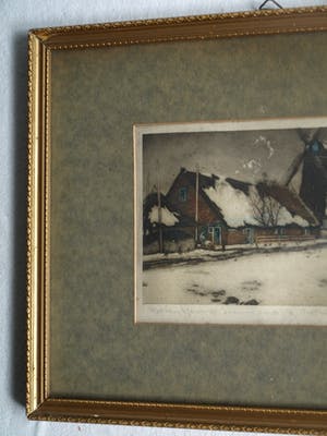 Tjeerd Bottema - Kleine ingelijste kleuren-ets , Molentje in de sneeuw – ca. 1927 kopen? Bied vanaf 35!