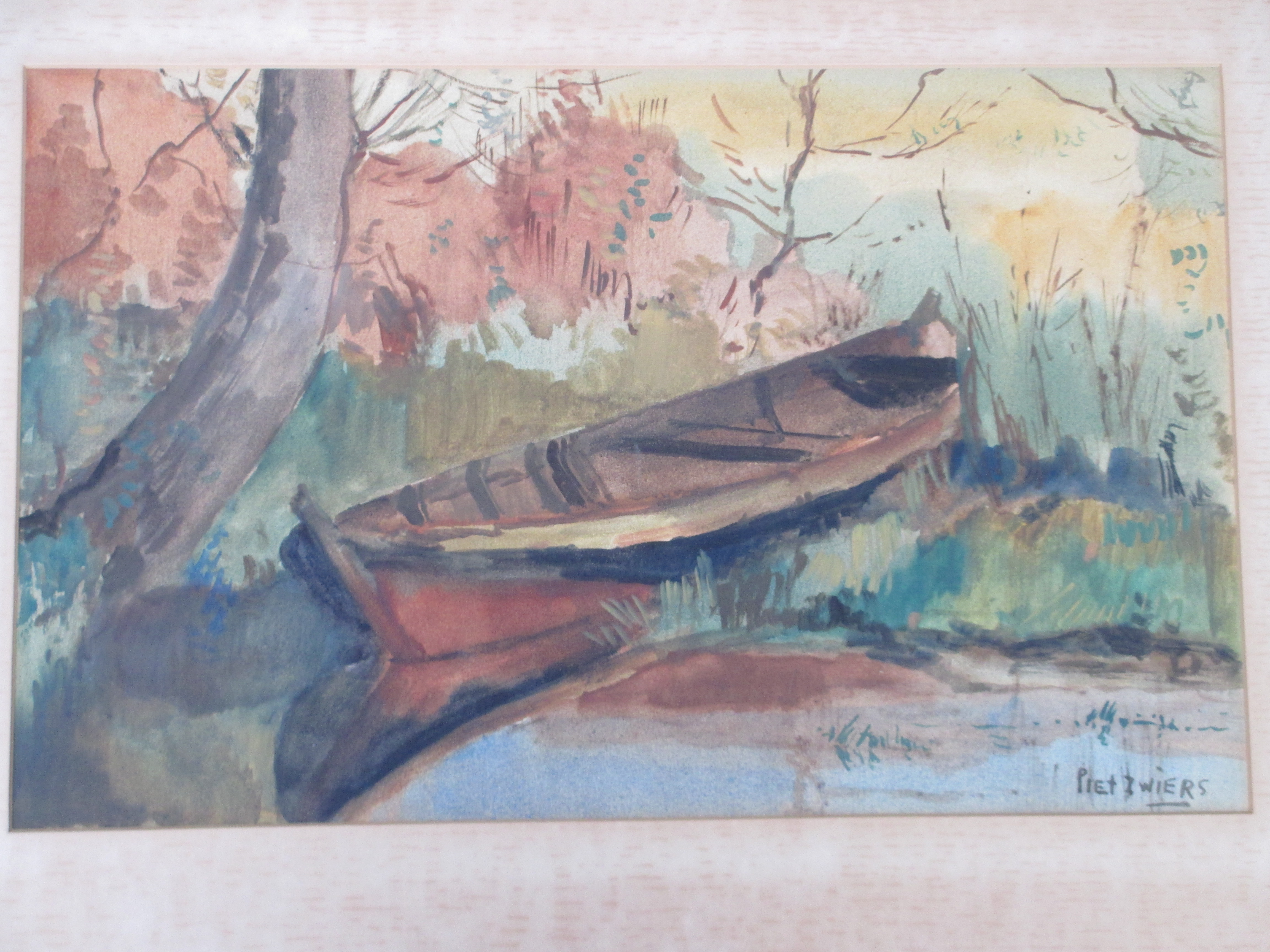 Piet Zwiers - Roeiboot aan slootkant - Gemengde techniek kopen? Bied vanaf 75!