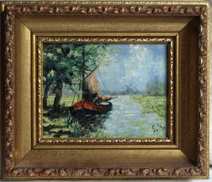 Niet of onleesbaar gesigneerd - Olieverf op paneel, Landschap met zeilboot – gesigneerd ‘S.K.’ & ingelijst - oud kopen? Bied vanaf 1!