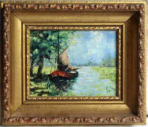 Niet of onleesbaar gesigneerd - Olieverf op paneel, Landschap met zeilboot – gesigneerd ‘S.K.’ & ingelijst - oud verkocht voor € 1!