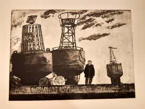 Herman Berserik - sepia ets: zelfportret bij boeien - 1982 verkocht voor € 70!