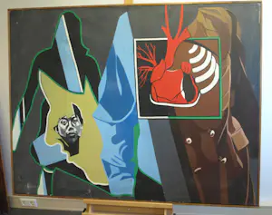 Robert Hallatu - Olieverf op doek , Molukse symboliek (?) met zelfportret – Lijst, 103 x 133 cm. kopen? Bied vanaf 250!