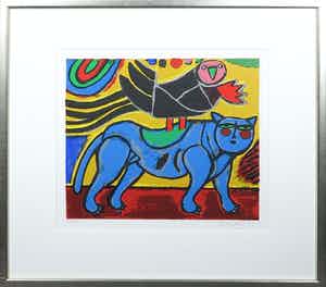 Corneille - Zeefdruk, Chat et Oiseau - Ingelijst verkocht voor € 150!