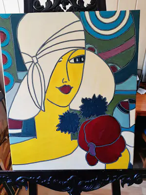 Patricia Kleyman - Acryl op doek. Titel, "Portrait à la capeline blanche". kopen? Bied vanaf 160!