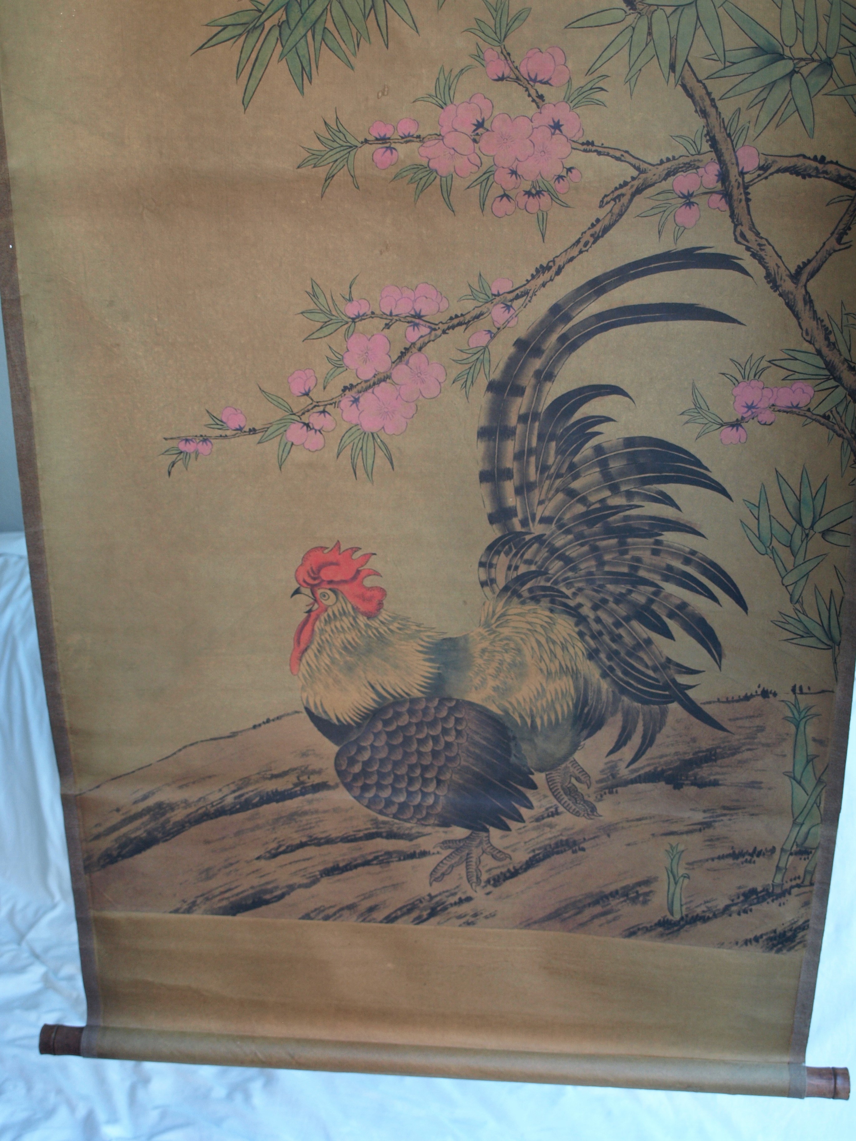 Niet of onleesbaar gesigneerd - Haan en Bloesem - Aquarelverf en inkt op papier, opgerold op houten stok kopen? Bied vanaf 1!