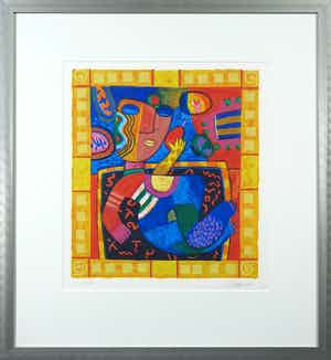 Clemens Briels - Zeefdruk, Gloria is always close to her mobile - Ingelijst verkocht voor € 50!