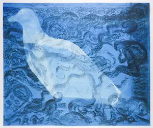 Margriet Thissen - Gemengde techniek op papier, Duif in blauw - Ingelijst (Zeer Groot) kopen? Bied vanaf 1!