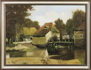 Frans Baaijens - Olieverf op doek, Boerderij met watermolen - Ingelijst kopen? Bied vanaf 1!