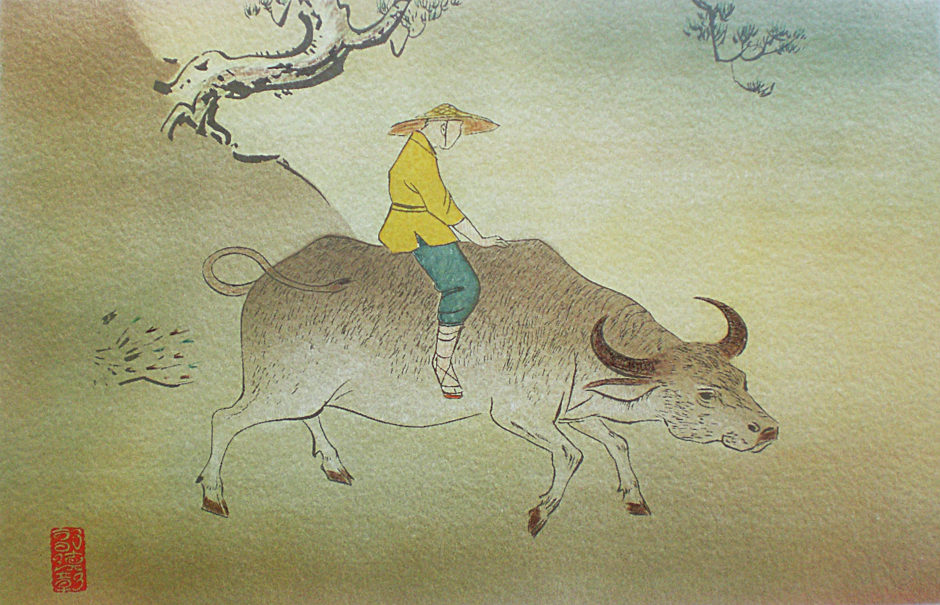 Niet of onleesbaar gesigneerd - Chinese school - Jongen op waterbuffel, zeefdruk of ingekleurde litho kopen? Bied vanaf 1!