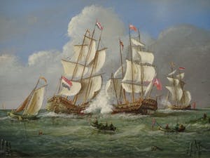 Thomas Heesakkers - Mooi maritiem schilderij schepen in oorlog op paneel. kaufen? Bieten Sie von 250!