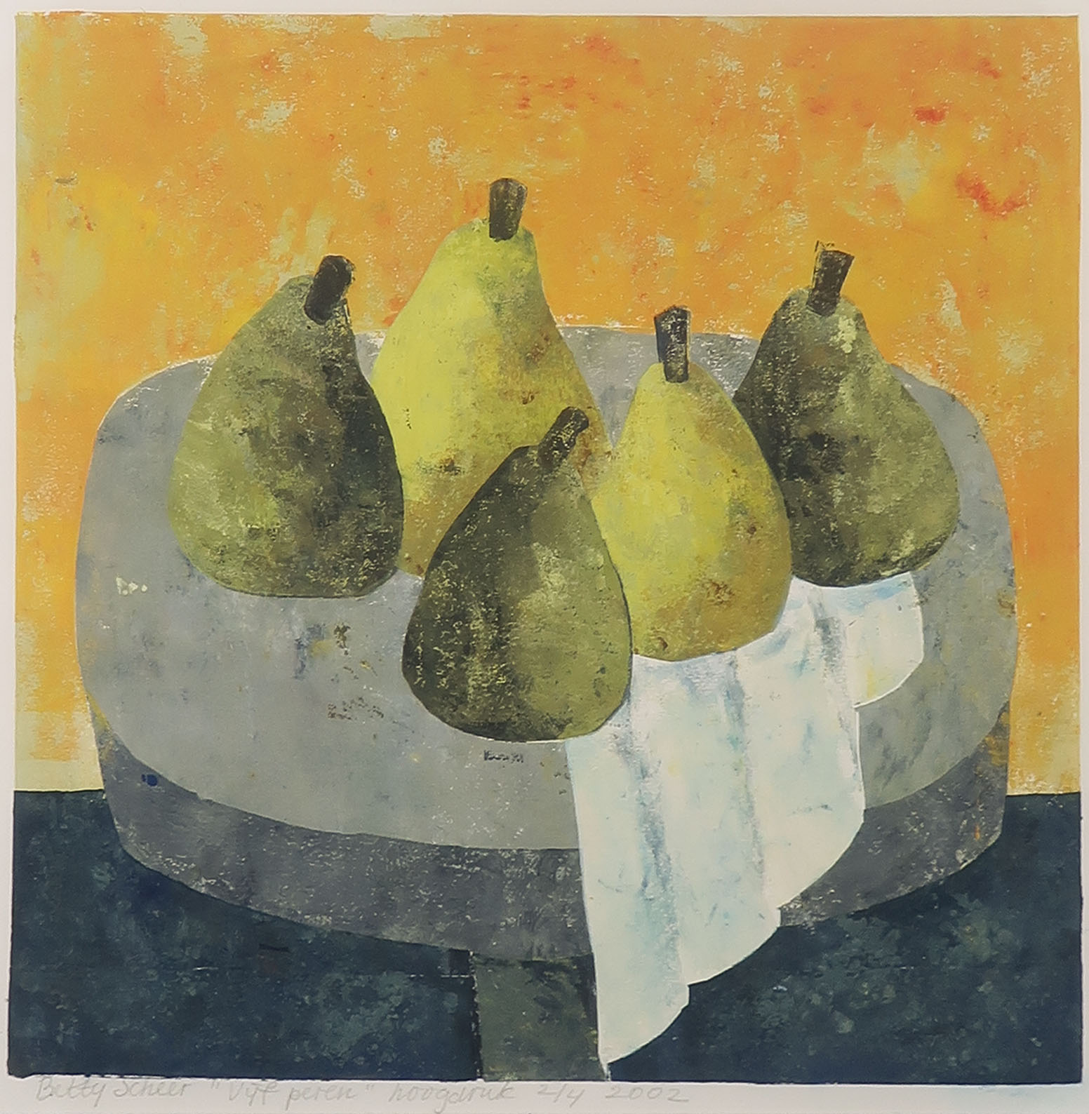 Betty Scheer - Linosnede, Vijf peren - Ingelijst kopen? Bied vanaf 40!