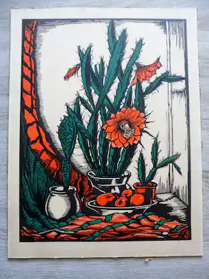 Jan Schonk - Houtsnede, Bloeiende cactus verkauft für € 50!