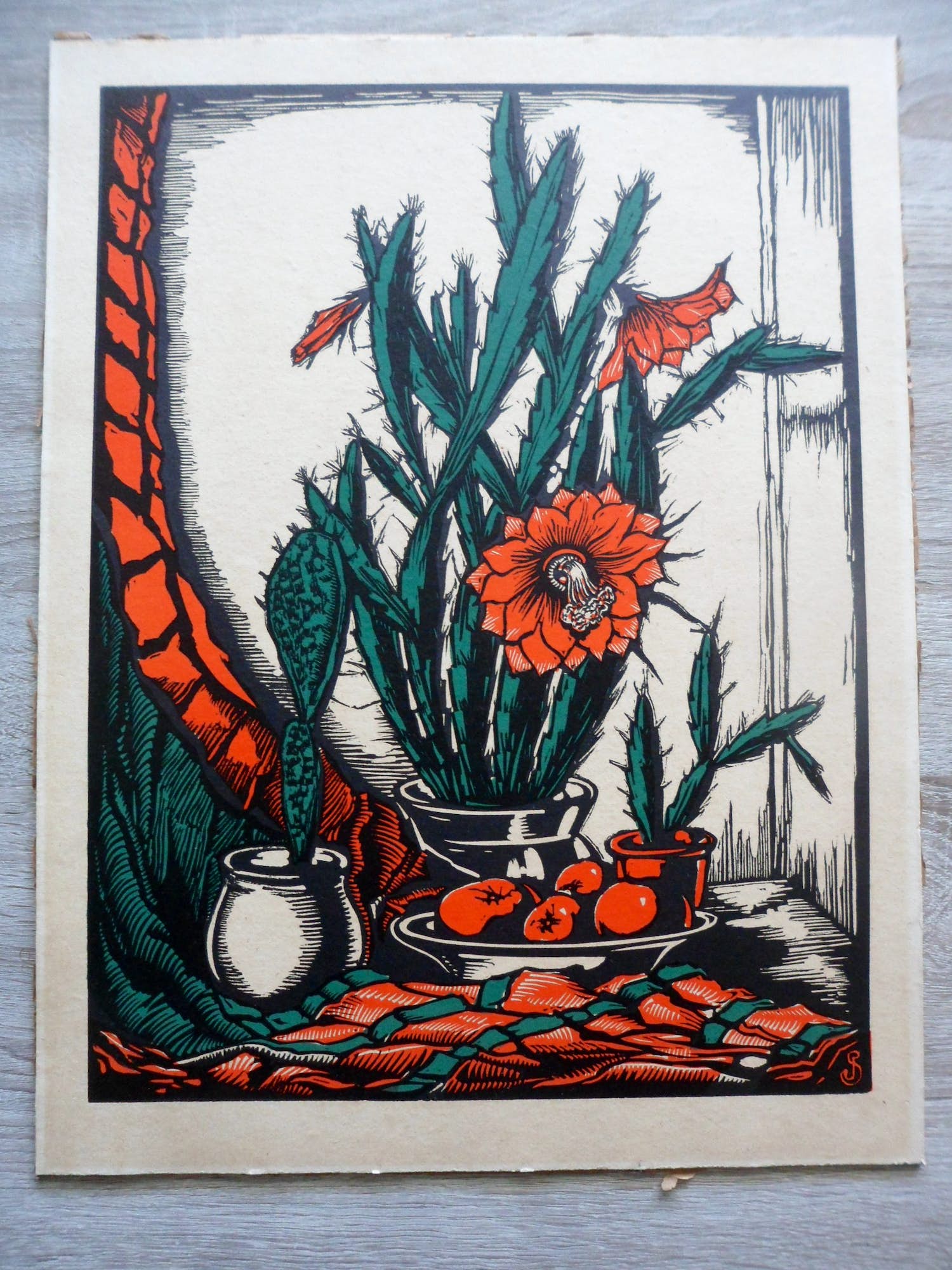 Jan Schonk - Houtsnede, Bloeiende cactus verkocht voor € 50!