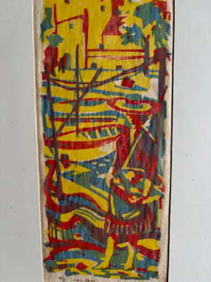 Geert Geerligs - linosnede met kleurrijk havengezicht met personen bij kade kopen? Bied vanaf 35!