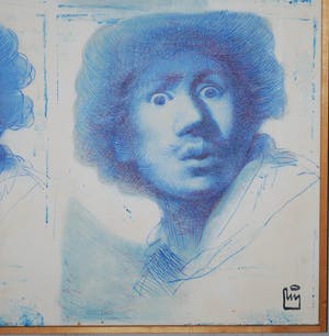 De Kunstfabriek - Rembrandt, zelfportret 4x in blauw - groot olieverfschilderij kopen? Bied vanaf 195!