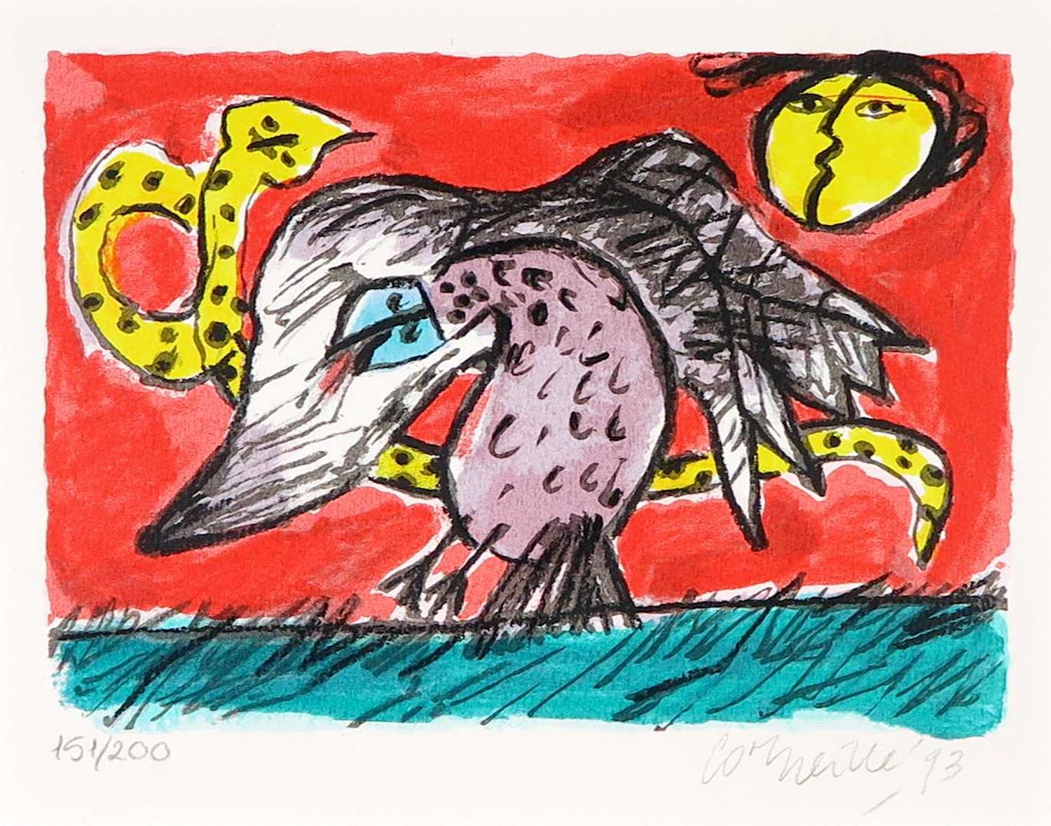 Corneille - Zeefdruk, Vogel met slang verkocht voor € 1!