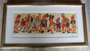 Franz Borghese - Aquatint ets, Titel, Raduno sportivo. verkocht voor € 175!