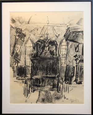 Germ de Jong - Houtskool op papier - "kerkinterieur II" Hooge Beintum Friesland verkocht voor € 275!