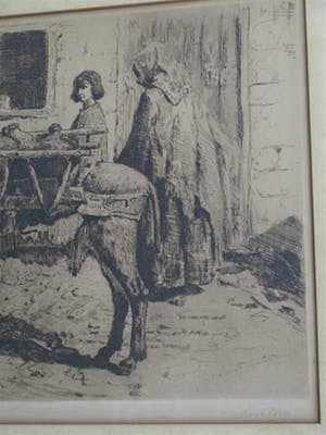 Louis Bron - Ets, Straatverkoper met ezel - gesigneerd & ingelijst – ca 1925 kopen? Bied vanaf 35!