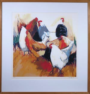 Gerda Elfring - Zeefdruk, Kippen - Ingelijst kopen? Bied vanaf 35!