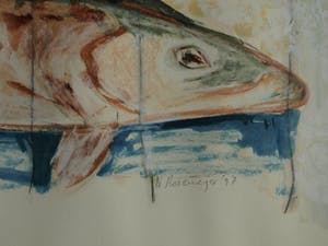 Nicola Rozemeijer - Acrylverf op papier , Vissen op ijs – GROOT - ingelijst - 1997 kopen? Bied vanaf 1!