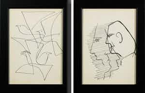 Siep van den Berg - Lot van twee pentekeningen, Vogels en Man - Ingelijst verkocht voor € 70!