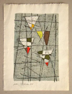 Jean Leppien - Trois cales suspendus - 1955 - Houtsnede met handkleuring - Handgesigneerd kopen? Bied vanaf 250!