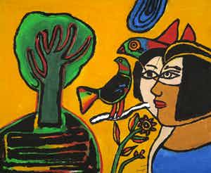 Corneille - Carborundum (handgekleurd) op geschept papier, Oiseau messager verkocht voor € 500!