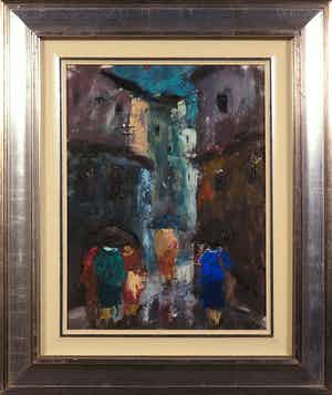 Niet of onleesbaar gesigneerd - Olieverf op board, Stadsgezicht - Ingelijst verkocht voor € 1!