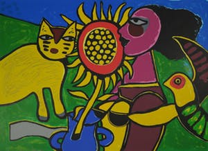 Corneille - Zeefdruk, Chat, tournesol et oiseau kopen? Bied vanaf 120!