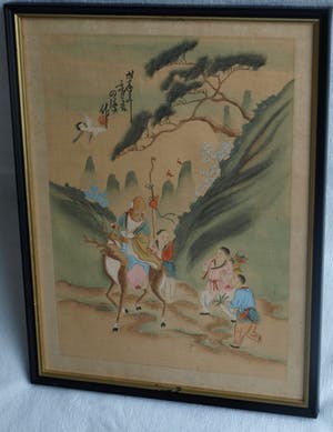 Niet of onleesbaar gesigneerd - Ingelijste gouache op zijde, Japan? China? , Figuren in berglandschap kopen? Bied vanaf 1!