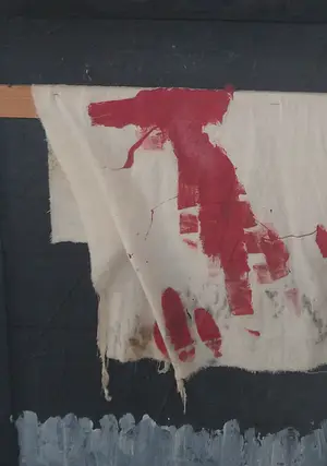 Jan de Beus - Blutender Landschaft - Olieverf en assemblage 1980 (groot) kopen? Bied vanaf 275!