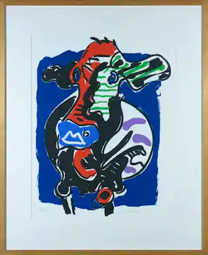 Peter Diem - Zeefdruk, Blauwe koe - Ingelijst verkocht voor € 50!