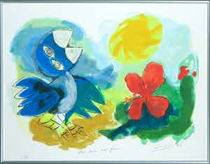 John Lie a Fo - Zeefdruk, Blue bird red flower - Ingelijst verkocht voor € 35!
