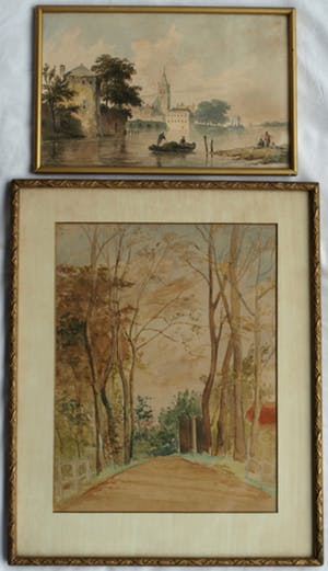 Bartholomeus Johannes van Hove - 2x Aquarel, “Stadsgezicht” en “Bomen langs een laan” – ca 1840 kopen? Bied vanaf 250!
