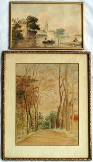 Bartholomeus Johannes van Hove - 2x Aquarel, “Stadsgezicht” en “Bomen langs een laan” – ca 1840 verkocht voor € 250!