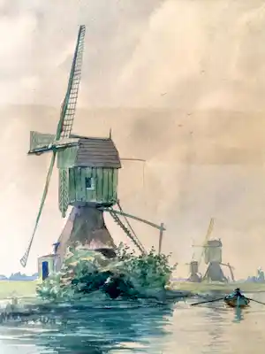 Marius Janssen - Landschap met Molen - Aquarel, Ingelijst verkauft für € 60!