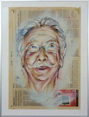 Wim de Bruin - Krantenpapier met gemengde techniek, Dick Bruna - Ingelijst verkocht voor € 1!