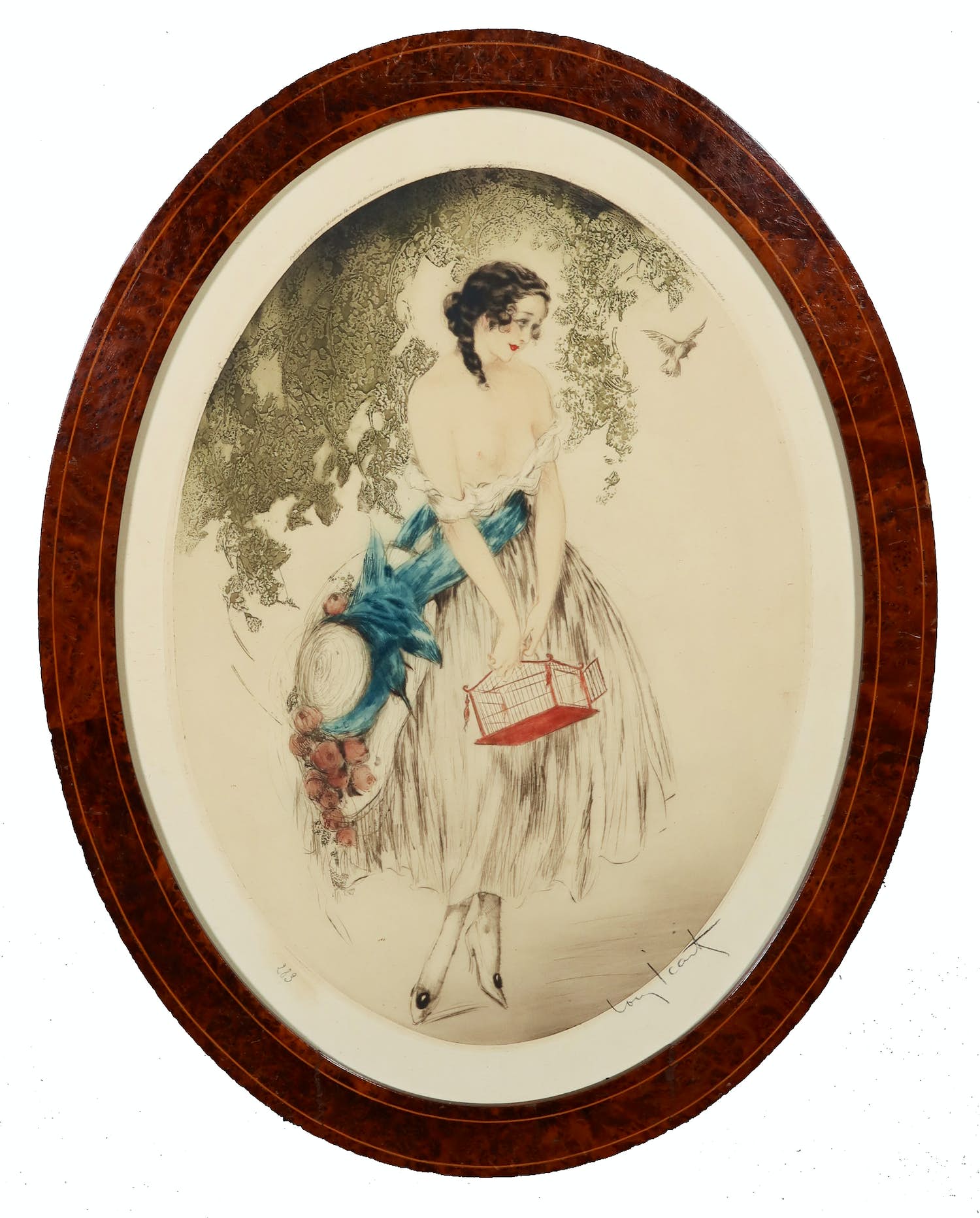 Louis Icart - Ets en aquatint, Vrouw met vogelkooi - Ingelijst verkocht voor € 250!