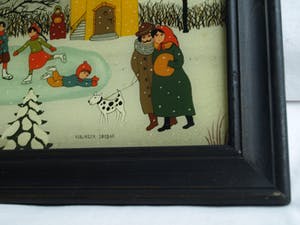 Renate Koblinger-Drobar - Achterglasschildering , Wintergezicht – gesigneerd & ingelijst – ca 1980 kopen? Bied vanaf 1!