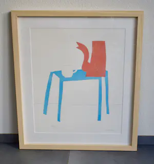 Klaas Gubbels - Litho - Rode kan op blauwe tafel Nr.94 - Geheel nieuw ingelijst kopen? Bied vanaf 550!