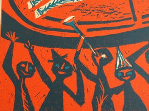 Jenny Dalenoord - Linosnede , BEVRIJDINGSDAG 1945-1955 – gesigneerd & ingelijst – 1955 kopen? Bied vanaf 10!