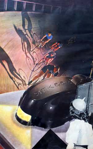 Henri Plaat - collage: Baanwielrenners, vrouw en "Hoover "(stofzuiger) - 2013 verkocht voor € 125!