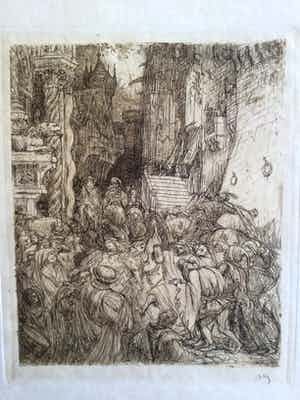 Marius Bauer - Een feestdag in een Roemeens straatje. verkocht voor € 75!