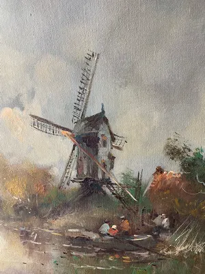 Niet of onleesbaar gesigneerd - Een typisch Hollands polderlandschap met een houten molen kopen? Bied vanaf 1!