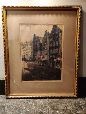 Cornelis Brandenburg - Cornelis Brandenburg - Ets, Oudezijds Achterburgwal, Amsterdam – gesigneerd en verkocht voor € 25!